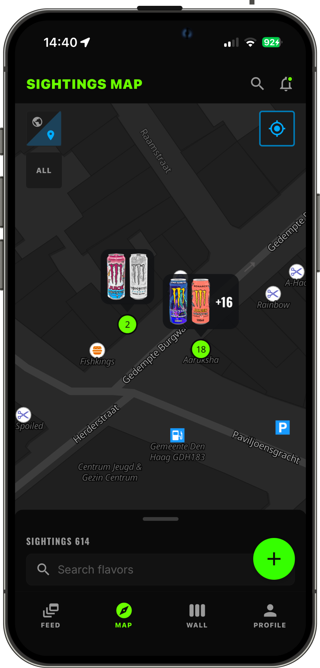 The live sightings map, with pins showing where Monster flavors have been spotted