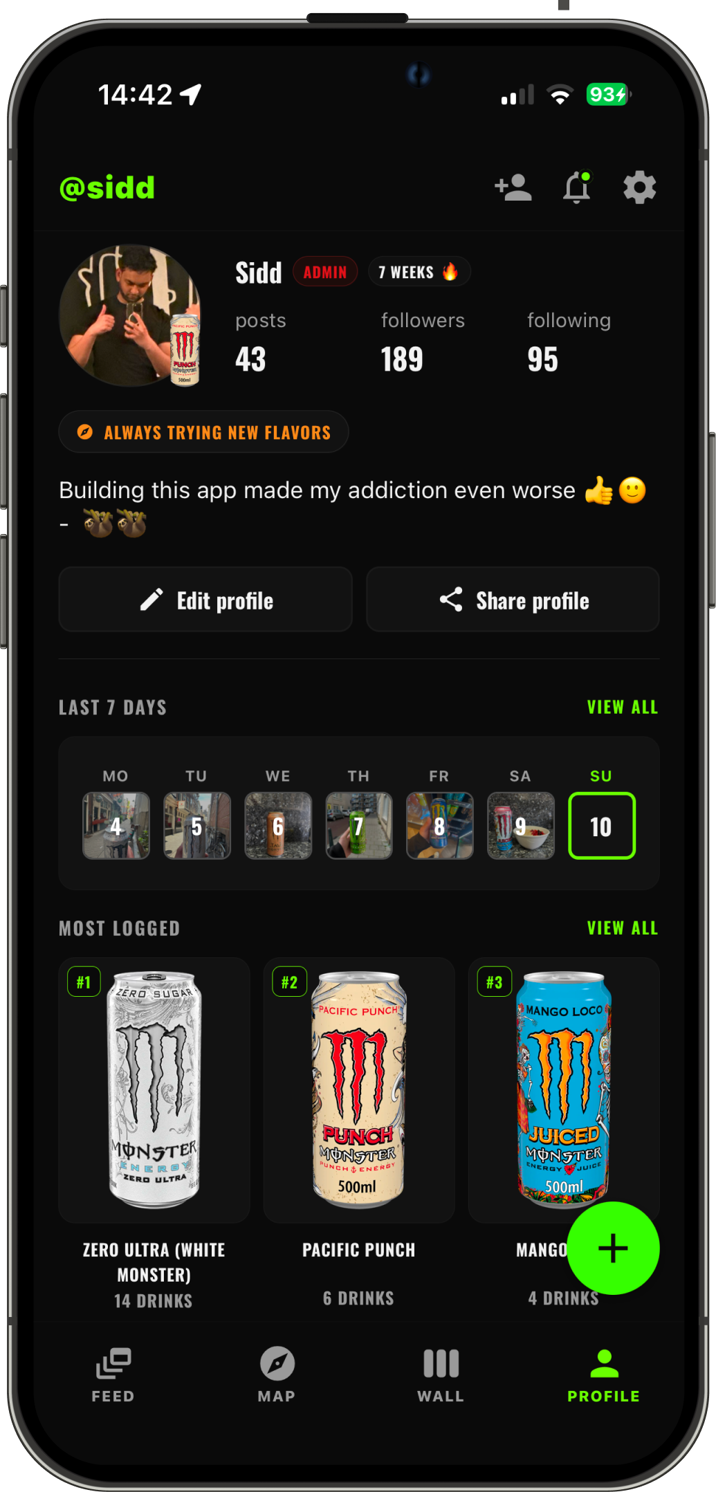 A collector's profile, with their streak, stats, and wall all visible to the community