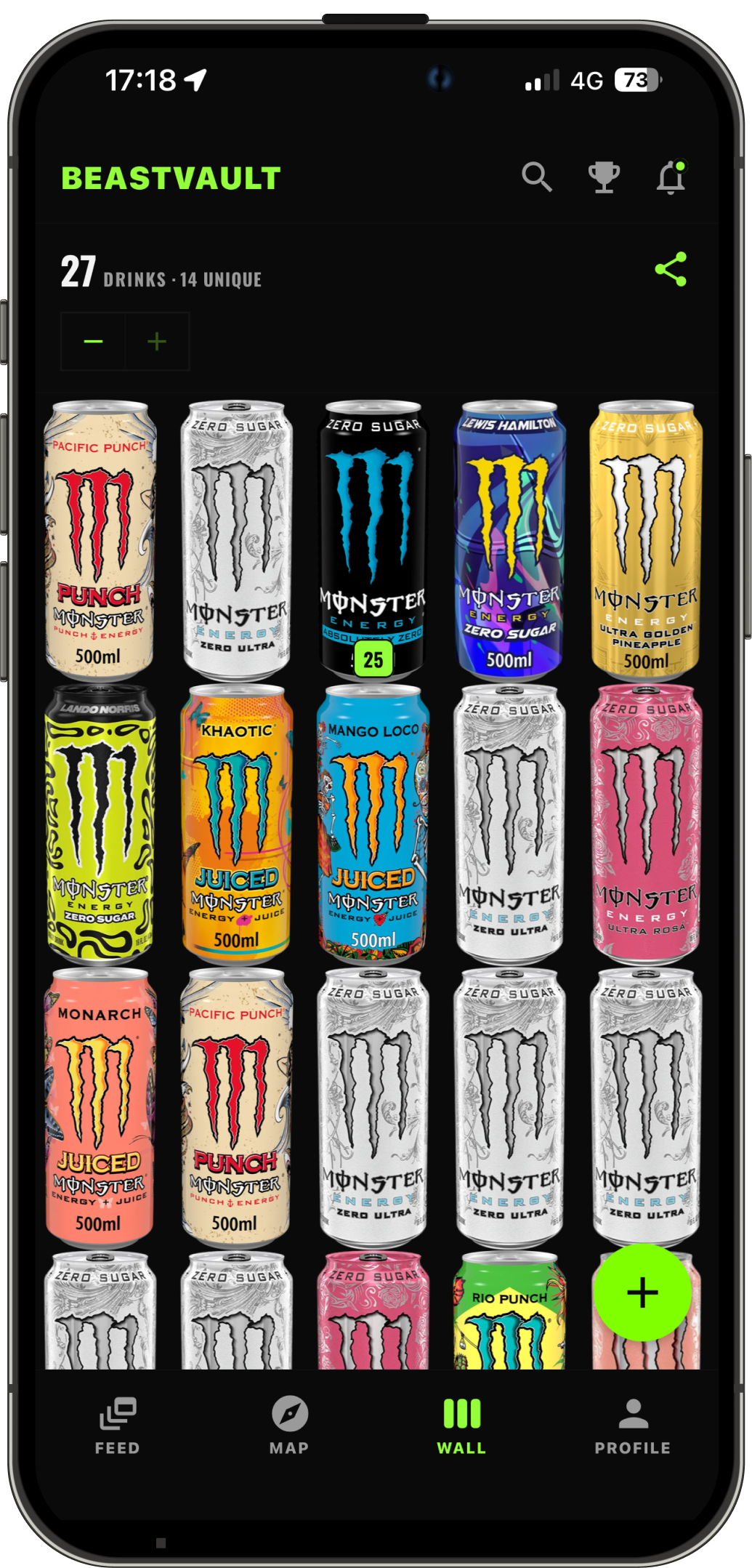A collector's wall, showing every unique Monster variant they've logged
